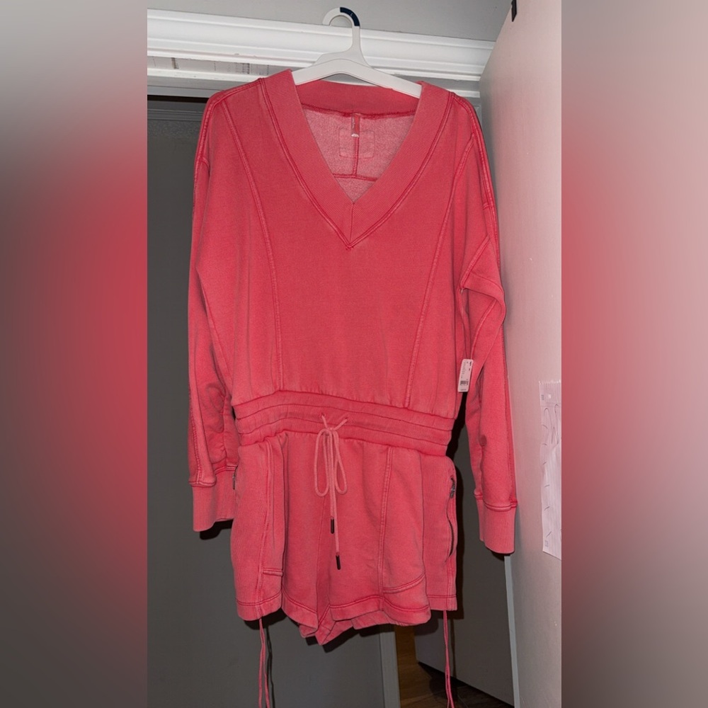 Free People Movement Pink V-Neck Long Sleeve Romper